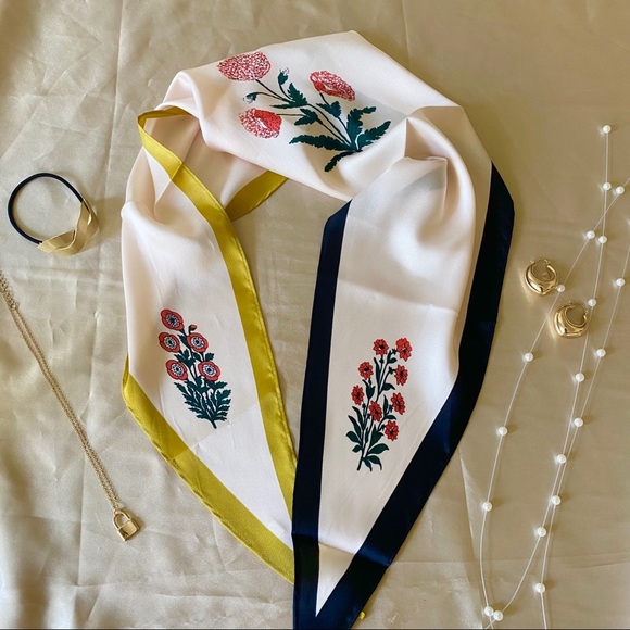 Spring Yellow Blue Floral Silky Scarf - Picture 6 of 8